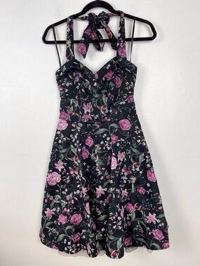 Floral Halter Midi Skirt Dress in Black with Pink Roses